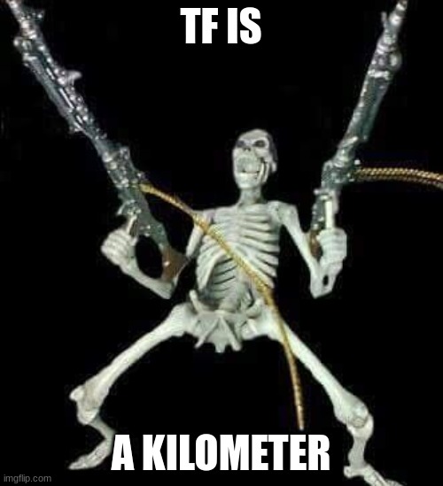 skeleton with guns meme | TF IS A KILOMETER | image tagged in skeleton with guns meme | made w/ Imgflip meme maker