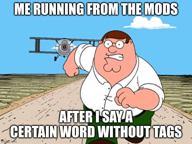 Peter Griffin running away | ME RUNNING FROM THE MODS AFTER I SAY A CERTAIN WORD WITHOUT TAGS | image tagged in peter griffin running away | made w/ Imgflip meme maker