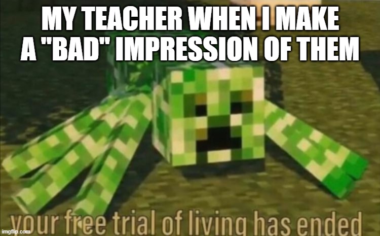 Your Free Trial of Living Has Ended | MY TEACHER WHEN I MAKE A "BAD" IMPRESSION OF THEM | image tagged in your free trial of living has ended | made w/ Imgflip meme maker