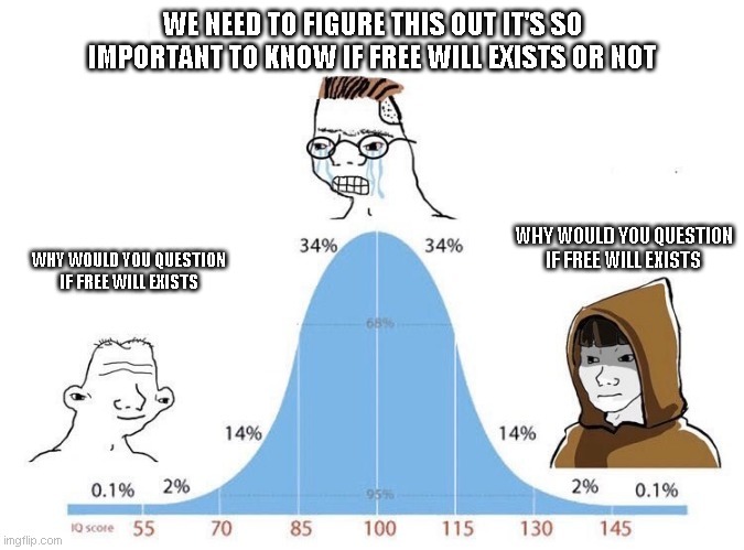 Bell Curve | WE NEED TO FIGURE THIS OUT IT'S SO IMPORTANT TO KNOW IF FREE WILL EXISTS OR NOT; WHY WOULD YOU QUESTION IF FREE WILL EXISTS; WHY WOULD YOU QUESTION IF FREE WILL EXISTS | image tagged in bell curve | made w/ Imgflip meme maker