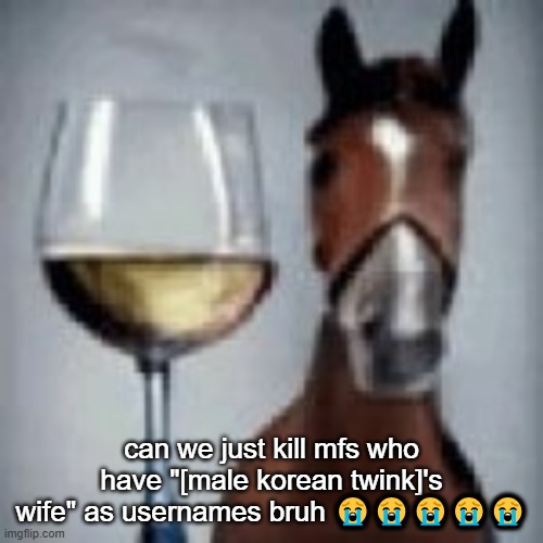 wine horse | can we just kill mfs who have "[male korean twink]'s wife" as usernames bruh 😭😭😭😭😭 | image tagged in wine horse | made w/ Imgflip meme maker