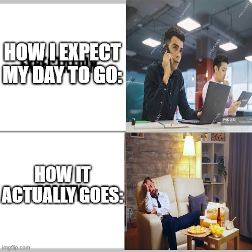 Image Title | HOW I EXPECT MY DAY TO GO:; HOW IT ACTUALLY GOES: | image tagged in expectation vs reality | made w/ Imgflip meme maker