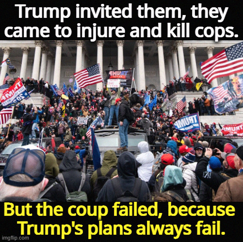 Trump's failed coup, domestic terrorists and cop killers | Trump invited them, they came to injure and kill cops. But the coup failed, because 
Trump's plans always fail. | image tagged in trump's failed coup domestic terrorists and cop killers,trump,coup,fail,terrorists,cops | made w/ Imgflip meme maker