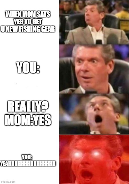 Mr. McMahon reaction | WHEN MOM SAYS YES TO GET U NEW FISHING GEAR; YOU:; REALLY? MOM:YES; YOU:   YEAHHHHHHHHHHHHHHH | image tagged in mr mcmahon reaction | made w/ Imgflip meme maker