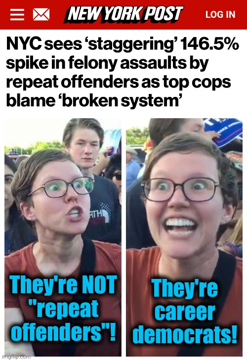 And democrats say there's no problem with crime! | They're
career
democrats! They're NOT
"repeat
offenders"! | image tagged in social justice warrior hypocrisy,memes,repeat offenders,career democrats,crime,new york city | made w/ Imgflip meme maker