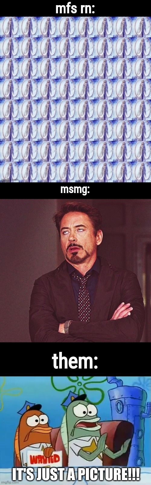 real | mfs rn:; msmg:; them:; IT'S JUST A PICTURE!!! | image tagged in robert downey jr rolling eyes,calm down son | made w/ Imgflip meme maker