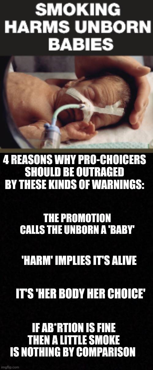 Just be consistent.. | 4 REASONS WHY PRO-CHOICERS SHOULD BE OUTRAGED BY THESE KINDS OF WARNINGS:; THE PROMOTION CALLS THE UNBORN A 'BABY'; 'HARM' IMPLIES IT'S ALIVE; IT'S 'HER BODY HER CHOICE'; IF AB*RTION IS FINE THEN A LITTLE SMOKE IS NOTHING BY COMPARISON | image tagged in blank | made w/ Imgflip meme maker