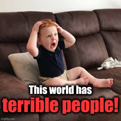 Terrified Toddler | terrible people! This world has | image tagged in terrified toddler | made w/ Imgflip meme maker