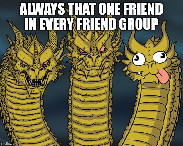 Three-headed Dragon | ALWAYS THAT ONE FRIEND IN EVERY FRIEND GROUP | image tagged in three-headed dragon | made w/ Imgflip meme maker