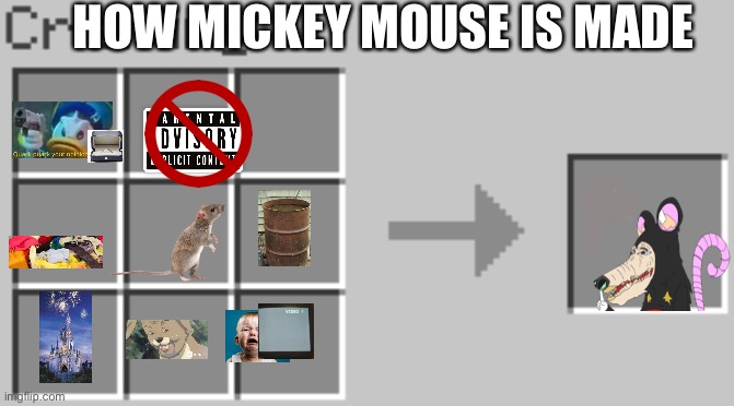 How to make the Clothing-wearing Rat known as Mickey mouse | HOW MICKEY MOUSE IS MADE | image tagged in synthesis,mickey mouse,how to make mickey mouse,rat,minecraft | made w/ Imgflip meme maker