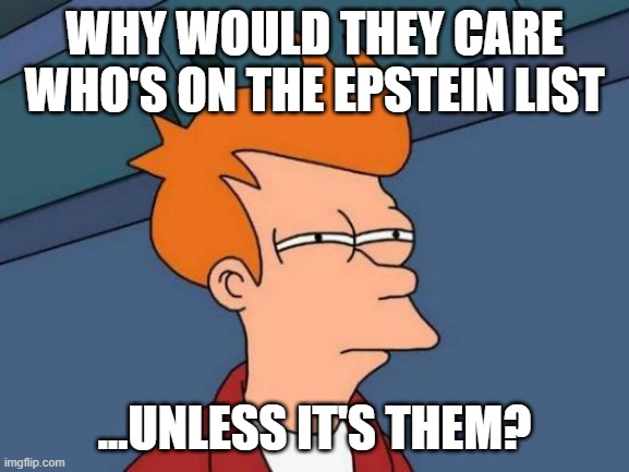 Futurama Fry Meme | WHY WOULD THEY CARE WHO'S ON THE EPSTEIN LIST ...UNLESS IT'S THEM? | image tagged in memes,futurama fry | made w/ Imgflip meme maker