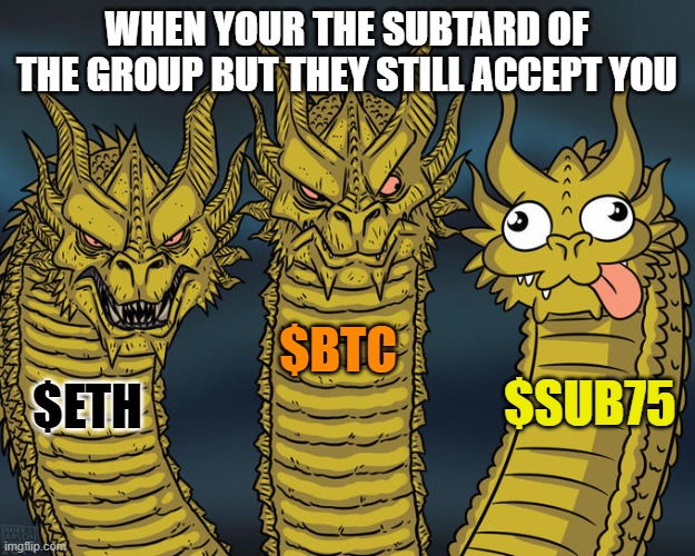 $SUB75 Subtarded Dragon | WHEN YOUR THE SUBTARD OF THE GROUP BUT THEY STILL ACCEPT YOU; $BTC; $SUB75; $ETH | image tagged in three-headed dragon,pepe | made w/ Imgflip meme maker