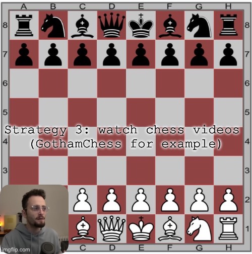 Strategy 3 | Strategy 3: watch chess videos 
(GothamChess for example) | image tagged in chess board | made w/ Imgflip meme maker