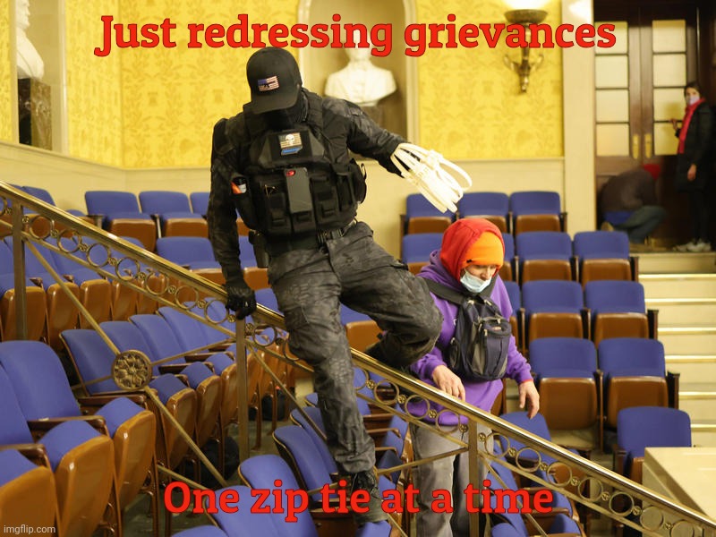 Zip Tie Guy | Just redressing grievances; One zip tie at a time | image tagged in zip tie guy | made w/ Imgflip meme maker