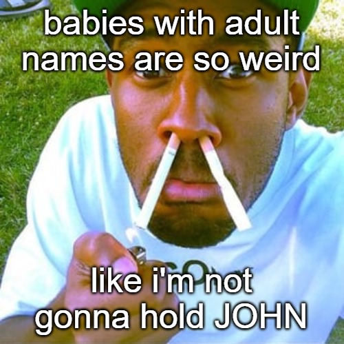 tylor the crater | babies with adult names are so weird; like i'm not gonna hold JOHN | image tagged in tylor the crater | made w/ Imgflip meme maker