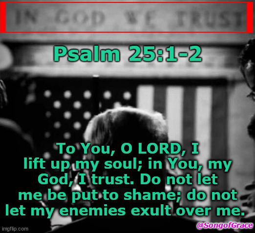 In God We Trust! | Psalm 25:1-2; To You, O LORD, I lift up my soul; in You, my God, I trust. Do not let me be put to shame; do not let my enemies exult over me. @SongofGrace | image tagged in prayer4usa | made w/ Imgflip meme maker