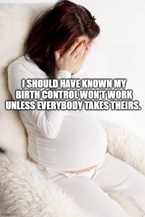 pregnant hormonal | I SHOULD HAVE KNOWN MY BIRTH CONTROL WON'T WORK UNLESS EVERYBODY TAKES THEIRS. | image tagged in pregnant hormonal | made w/ Imgflip meme maker