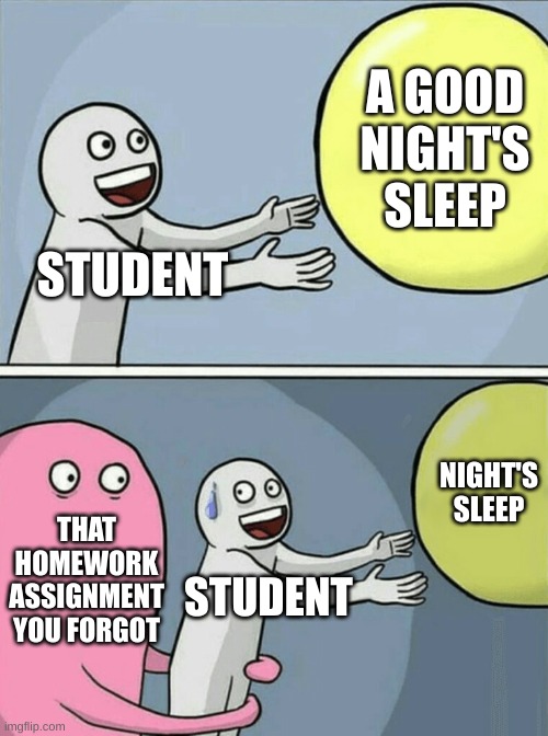 Nothing to see here | A GOOD NIGHT'S SLEEP; STUDENT; NIGHT'S SLEEP; THAT HOMEWORK ASSIGNMENT YOU FORGOT; STUDENT | image tagged in memes,running away balloon | made w/ Imgflip meme maker