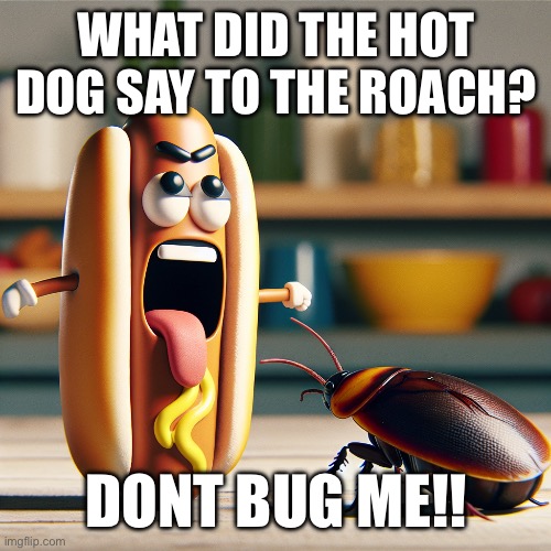 Military free time | WHAT DID THE HOT DOG SAY TO THE ROACH? DONT BUG ME!! | image tagged in hot dog,cockroach,funny,dad joke | made w/ Imgflip meme maker