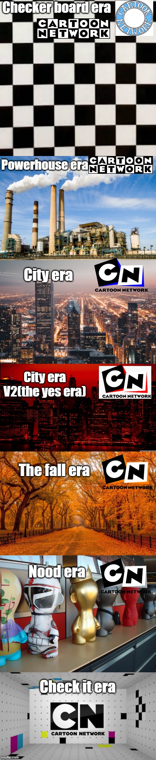 CN eras irl | Checker board era; Powerhouse era; City era; City era V2(the yes era); The fall era; Nood era; Check it era | image tagged in cartoon network | made w/ Imgflip meme maker