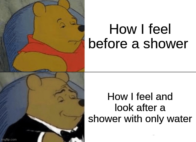 Tuxedo Winnie The Pooh Meme | How I feel before a shower; How I feel and look after a shower with only water | image tagged in memes,tuxedo winnie the pooh | made w/ Imgflip meme maker
