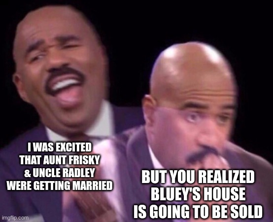 You have realized that Bluey's house is going to be sold | I WAS EXCITED THAT AUNT FRISKY & UNCLE RADLEY WERE GETTING MARRIED; BUT YOU REALIZED BLUEY'S HOUSE IS GOING TO BE SOLD | image tagged in steve harvey laughing serious | made w/ Imgflip meme maker