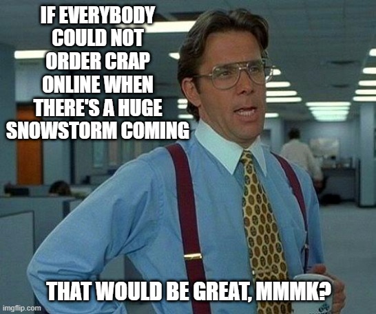 Care for Your Delivery Drives and WAIT | IF EVERYBODY COULD NOT ORDER CRAP ONLINE WHEN THERE'S A HUGE SNOWSTORM COMING; THAT WOULD BE GREAT, MMMK? | image tagged in memes,that would be great | made w/ Imgflip meme maker