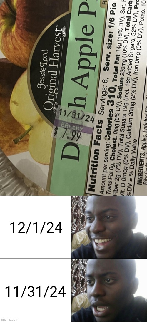 11/31/24 | 12/1/24; 11/31/24 | image tagged in happy / shock,apple pie,you had one job,memes,date,dates | made w/ Imgflip meme maker