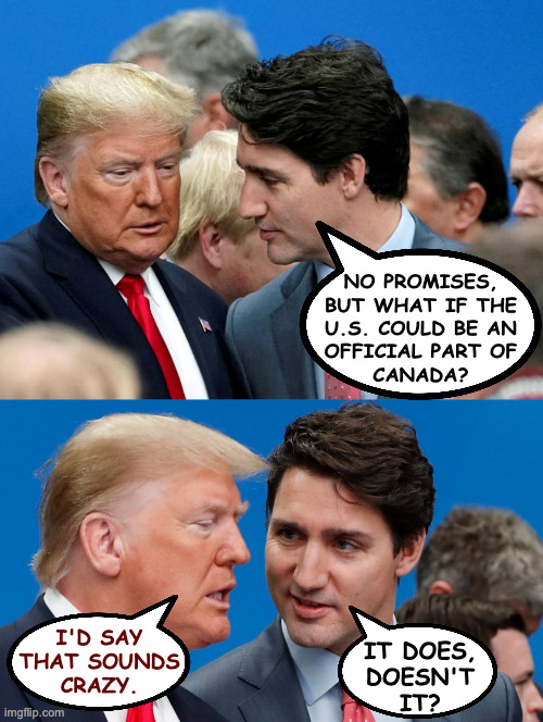 A master of mergers he ain't. | NO PROMISES,
BUT WHAT IF THE
U.S. COULD BE AN
OFFICIAL PART OF
CANADA? I'D SAY
THAT SOUNDS
CRAZY. IT DOES,
DOESN'T
IT? | image tagged in memes,imperialist trump,justin trudeau | made w/ Imgflip meme maker