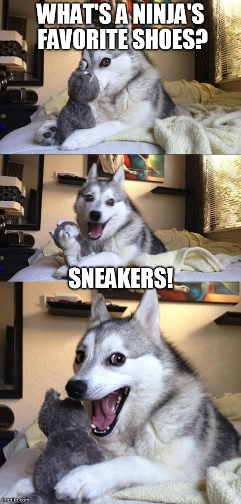 Bad Pun Dog | WHAT'S A NINJA'S FAVORITE SHOES? SNEAKERS! | image tagged in memes,bad pun dog | made w/ Imgflip meme maker