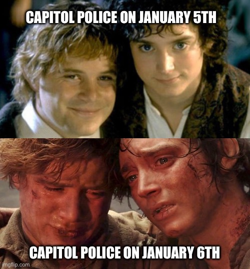 Both fiction: images based on Tolkein’s works/ captions based on deep state works | CAPITOL POLICE ON JANUARY 5TH; CAPITOL POLICE ON JANUARY 6TH | image tagged in sam and frodo before and after mt doom,january,politics,election fraud | made w/ Imgflip meme maker