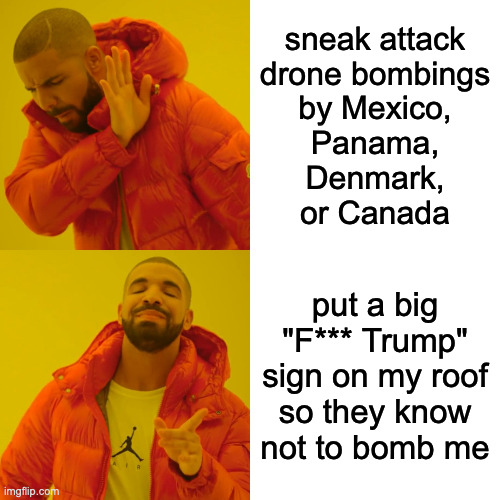 or "Help! I'm being held hostage along with 150,000,000 other Americans!" | sneak attack
drone bombings
by Mexico,
Panama,
Denmark,
or Canada; put a big
"F*** Trump"
sign on my roof
so they know
not to bomb me | image tagged in memes,drake hotline bling | made w/ Imgflip meme maker