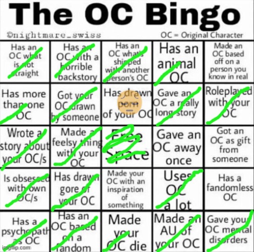 the half crossed ones are technicalities | 😔 | image tagged in the oc bingo | made w/ Imgflip meme maker