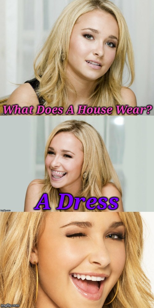 When 'Homes' get fashionable | What Does A House Wear? A Dress | image tagged in bad pun hayden panettiere,memes,jokes | made w/ Imgflip meme maker