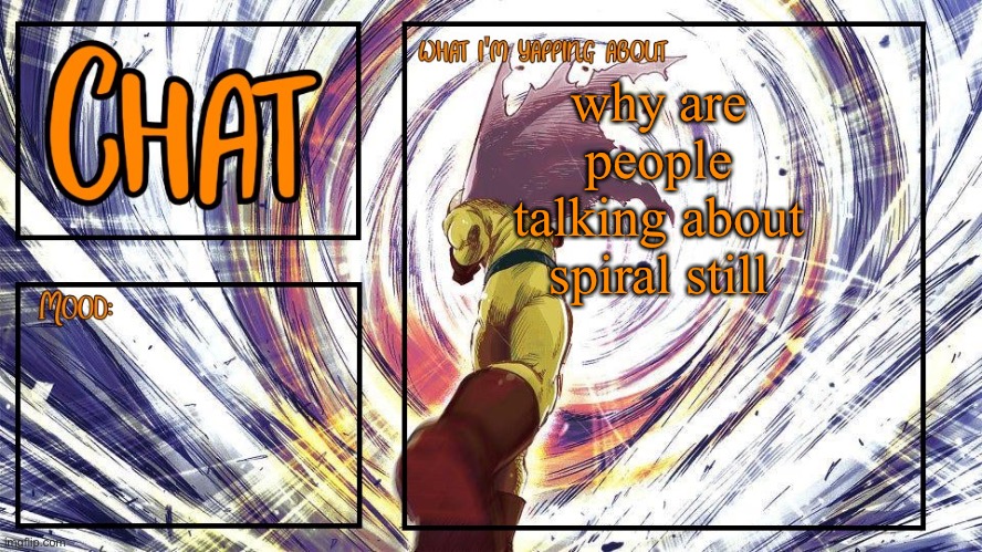 Chat's Announcement Template | why are people talking about spiral still | image tagged in chat's announcement template,chat | made w/ Imgflip meme maker