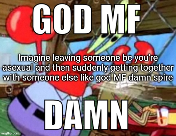 GOD MF DAMN | Imagine leaving someone bc you're asexual and then suddenly getting together with someone else like god MF damn spire | image tagged in god mf damn | made w/ Imgflip meme maker