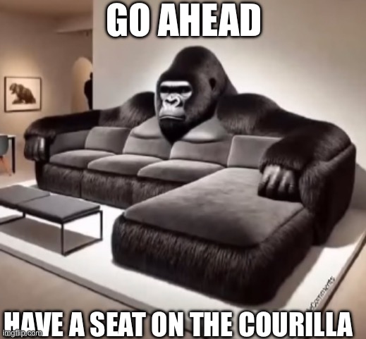 C O U R I L L A | GO AHEAD; HAVE A SEAT ON THE COURILLA | image tagged in gorilla,couch,guy playing with his balls | made w/ Imgflip meme maker