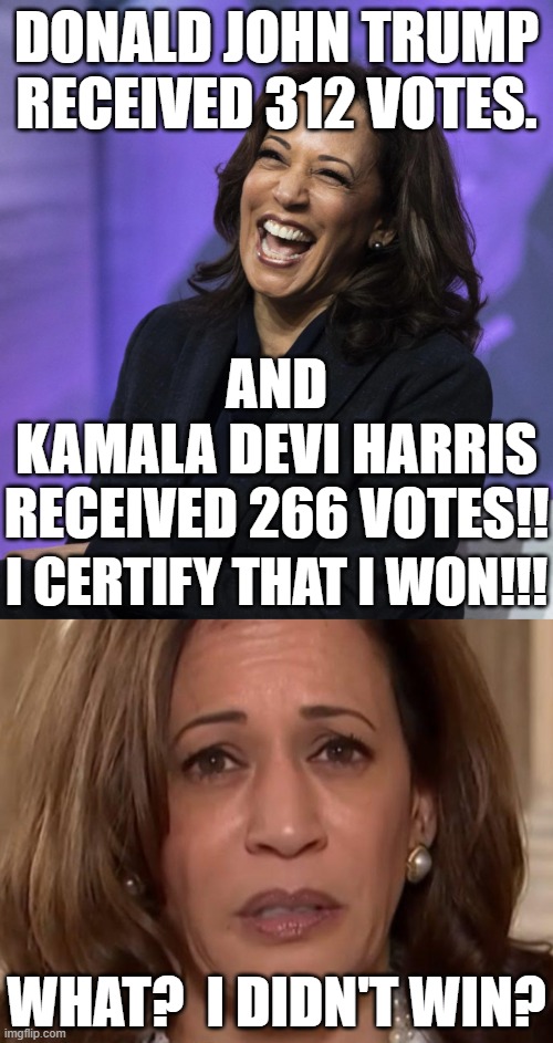 Wikipedia claims that Harris is part African American. They meant to say, "descendant of a slave owner of African Americans". | DONALD JOHN TRUMP RECEIVED 312 VOTES. AND
KAMALA DEVI HARRIS
RECEIVED 266 VOTES!! I CERTIFY THAT I WON!!! WHAT?  I DIDN'T WIN? | image tagged in she's just too dumb to be president,america is turning its back on wokeness | made w/ Imgflip meme maker