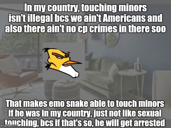 AND DON'T GET THE WRONG IDEA TOUCHING STRANGER MINORS WOULD MAKE U A SUSPECT | In my country, touching minors isn't illegal bcs we ain't Americans and also there ain't no cp crimes in there soo; That makes emo snake able to touch minors if he was in my country, just not like sexual touching, bcs if that's so, he will get arrested | made w/ Imgflip meme maker