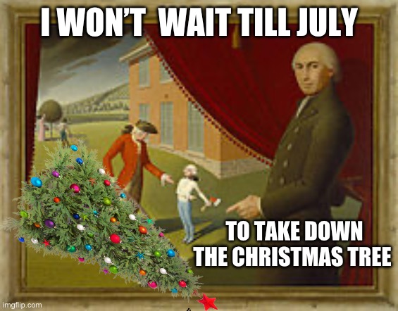 I Took Down The Christmas Tree | I WON’T  WAIT TILL JULY; TO TAKE DOWN THE CHRISTMAS TREE | image tagged in george washington cherry tree,christmas memes,christmas tree,christmas decorations | made w/ Imgflip meme maker