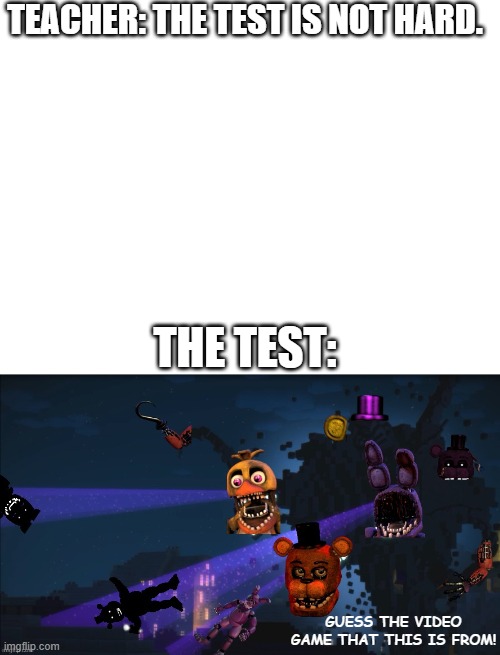 yeah the test is pretty hard. | TEACHER: THE TEST IS NOT HARD. THE TEST:; GUESS THE VIDEO GAME THAT THIS IS FROM! | image tagged in blank white template,withered storm v3 | made w/ Imgflip meme maker