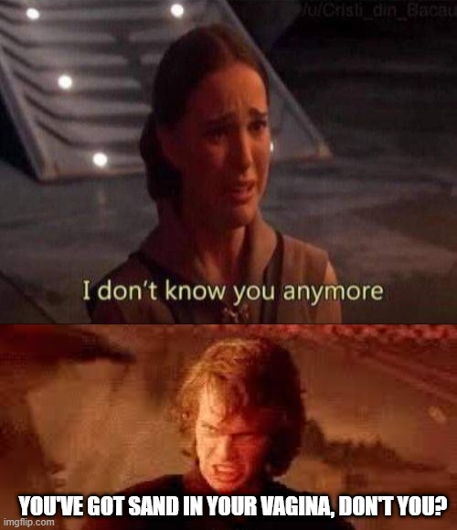 Sand, Again | YOU'VE GOT SAND IN YOUR VAGINA, DON'T YOU? | image tagged in padme,anakin liar | made w/ Imgflip meme maker