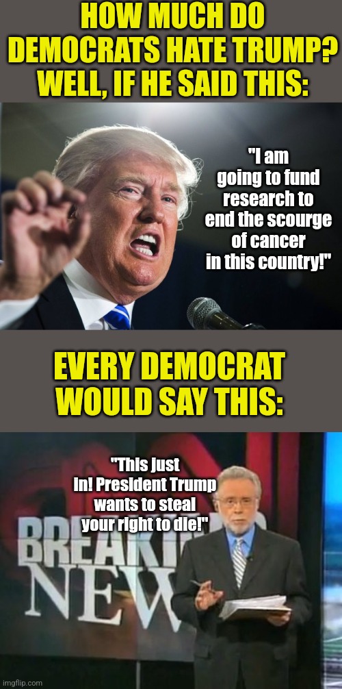 For those of you who were too young to understand this last time, the Left's hatred for Trump is legendary! | HOW MUCH DO DEMOCRATS HATE TRUMP?
WELL, IF HE SAID THIS:; "I am going to fund research to end the scourge of cancer in this country!"; EVERY DEMOCRAT WOULD SAY THIS:; "This just in! President Trump wants to steal your right to die!" | image tagged in donald trump,cnn breaking news,liberal logic,liberal hypocrisy,biased media,lying | made w/ Imgflip meme maker