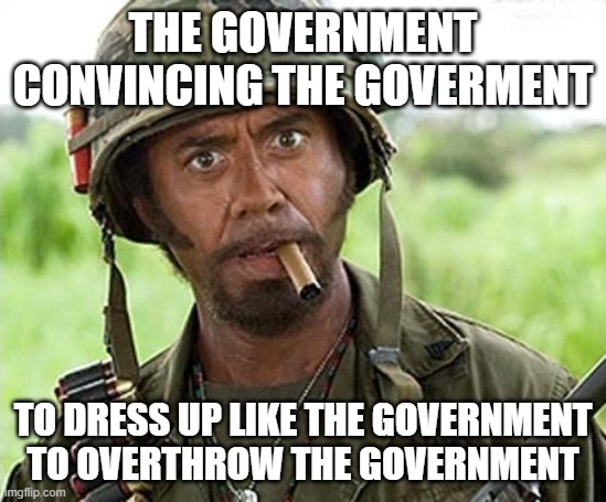 Robert Downey Jr Tropic Thunder | THE GOVERNMENT CONVINCING THE GOVERMENT TO DRESS UP LIKE THE GOVERNMENT TO OVERTHROW THE GOVERNMENT | image tagged in robert downey jr tropic thunder | made w/ Imgflip meme maker