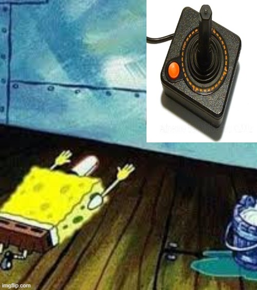 spongebob worships the atari 2600 controller | image tagged in spongebob worship,atari,memes,1970s | made w/ Imgflip meme maker