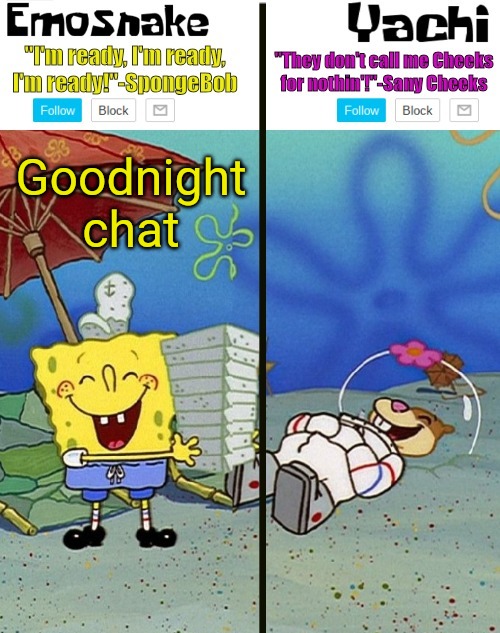 Emosnake and yachi temp | Goodnight chat | image tagged in emosnake and yachi temp | made w/ Imgflip meme maker