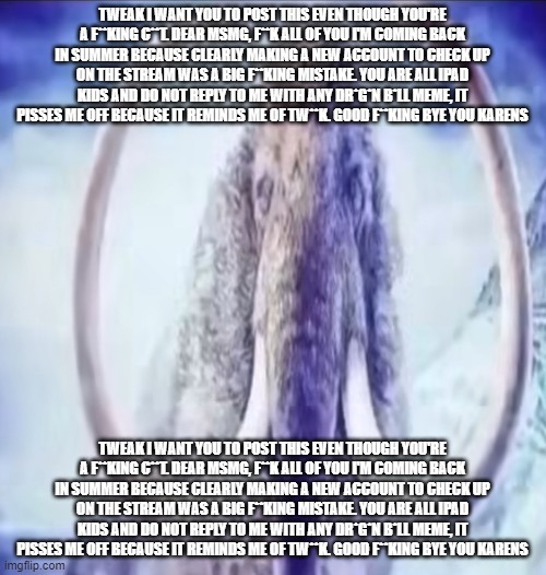 TWEAK I WANT YOU TO POST THIS EVEN THOUGH YOU'RE A F**KING C**T. DEAR MSMG, F**K ALL OF YOU I'M COMING BACK IN SUMMER BECAUSE CL | TWEAK I WANT YOU TO POST THIS EVEN THOUGH YOU'RE A F**KING C**T. DEAR MSMG, F**K ALL OF YOU I'M COMING BACK IN SUMMER BECAUSE CLEARLY MAKING A NEW ACCOUNT TO CHECK UP ON THE STREAM WAS A BIG F**KING MISTAKE. YOU ARE ALL IPAD KIDS AND DO NOT REPLY TO ME WITH ANY DR*G*N B*LL MEME, IT PISSES ME OFF BECAUSE IT REMINDS ME OF TW**K. GOOD F**KING BYE YOU KARENS; TWEAK I WANT YOU TO POST THIS EVEN THOUGH YOU'RE A F**KING C**T. DEAR MSMG, F**K ALL OF YOU I'M COMING BACK IN SUMMER BECAUSE CLEARLY MAKING A NEW ACCOUNT TO CHECK UP ON THE STREAM WAS A BIG F**KING MISTAKE. YOU ARE ALL IPAD KIDS AND DO NOT REPLY TO ME WITH ANY DR*G*N B*LL MEME, IT PISSES ME OFF BECAUSE IT REMINDS ME OF TW**K. GOOD F**KING BYE YOU KARENS | image tagged in mammoth | made w/ Imgflip meme maker