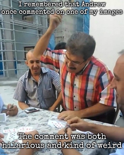 Turkey | I remembered that Andrew once commented on one of my images; The comment was both hilarious and kind of weird | image tagged in angry turkish man playing cards meme,msmg | made w/ Imgflip meme maker