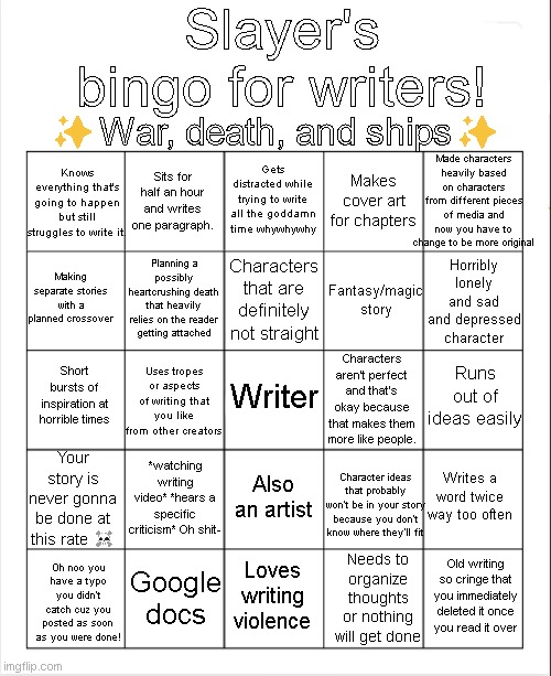 High Quality Writer's bingo Blank Meme Template