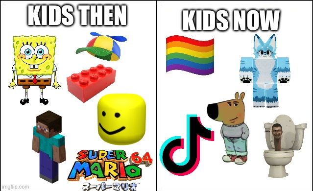 This isn’t meant to discriminate, or make negative opinions. | KIDS THEN; KIDS NOW | image tagged in side-by-side panels | made w/ Imgflip meme maker